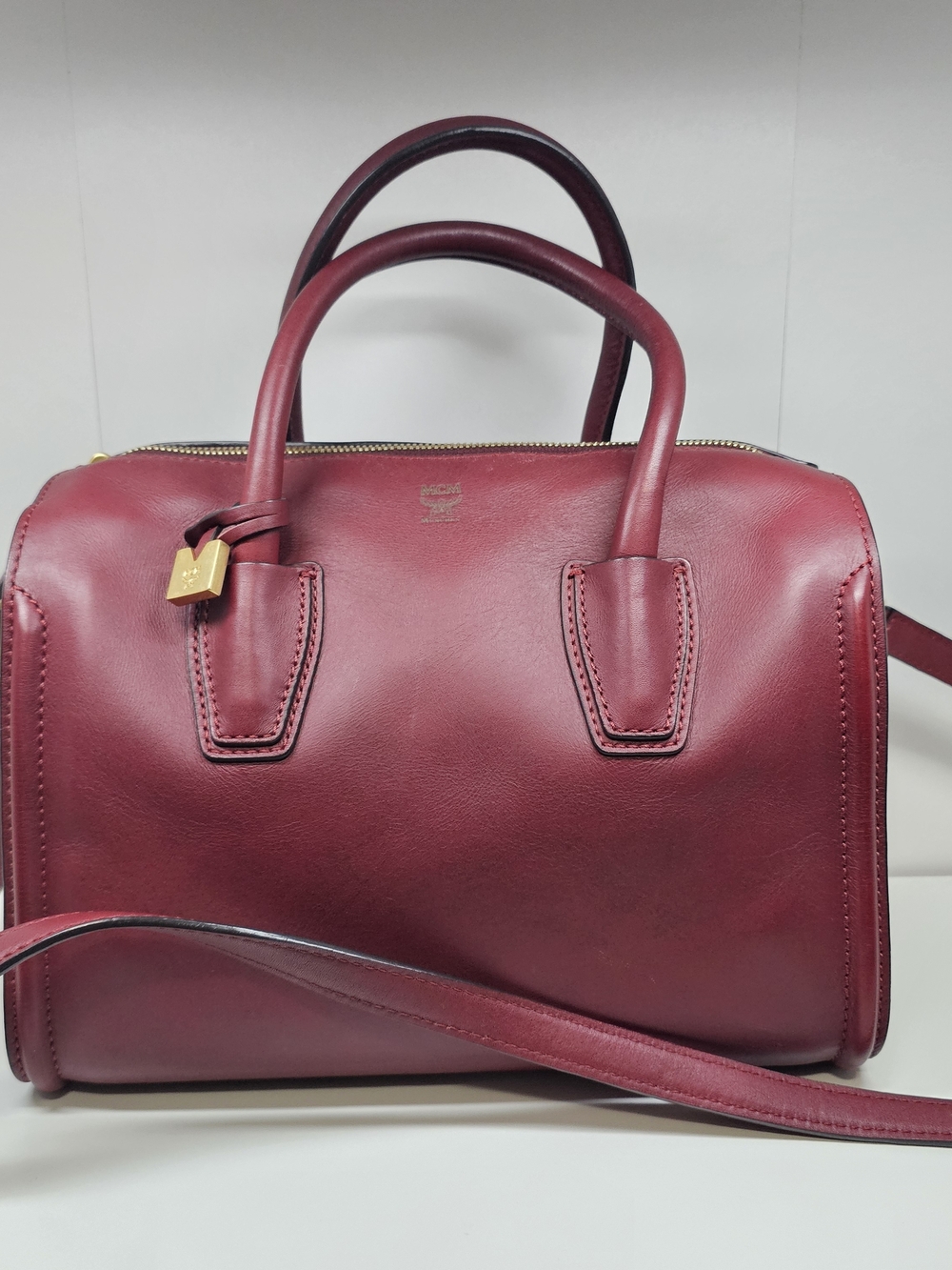 MCM Burgundy Leather Satchel with Gold Hardware